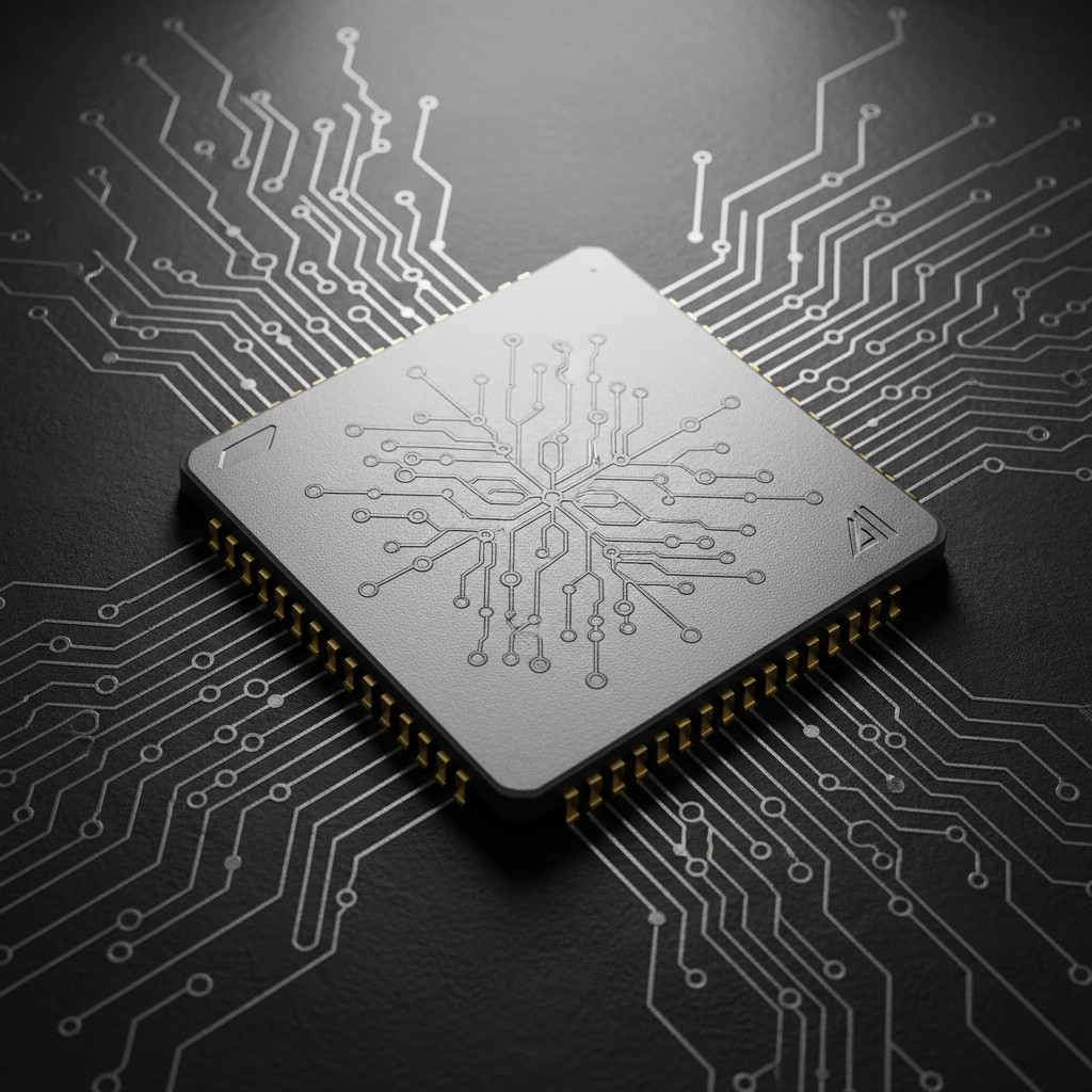 A close-up of a silver computer chip with gold pins, sitting on a dark gray surface with white circuit board lines.